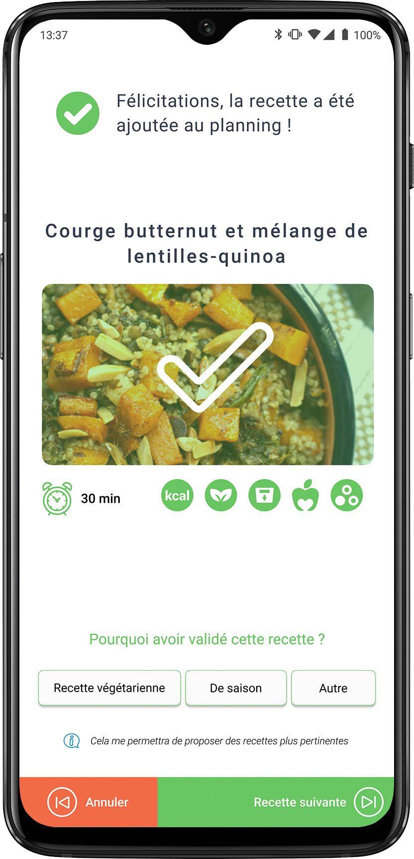 La recette de courge butternut - lentilles - quinoa sélectionnée par un utilisateur dans l'application Octave avec ses différentes caractéristiques